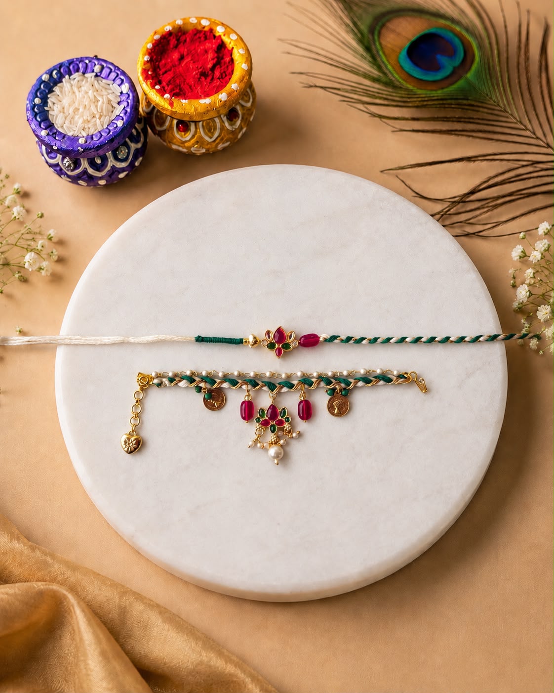 Green Ruby lotus couple rakhi combo