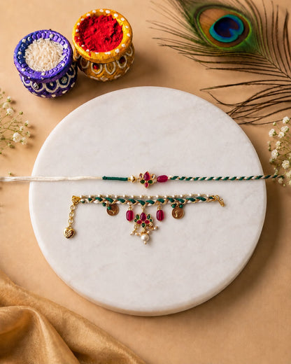 Green Ruby lotus couple rakhi combo