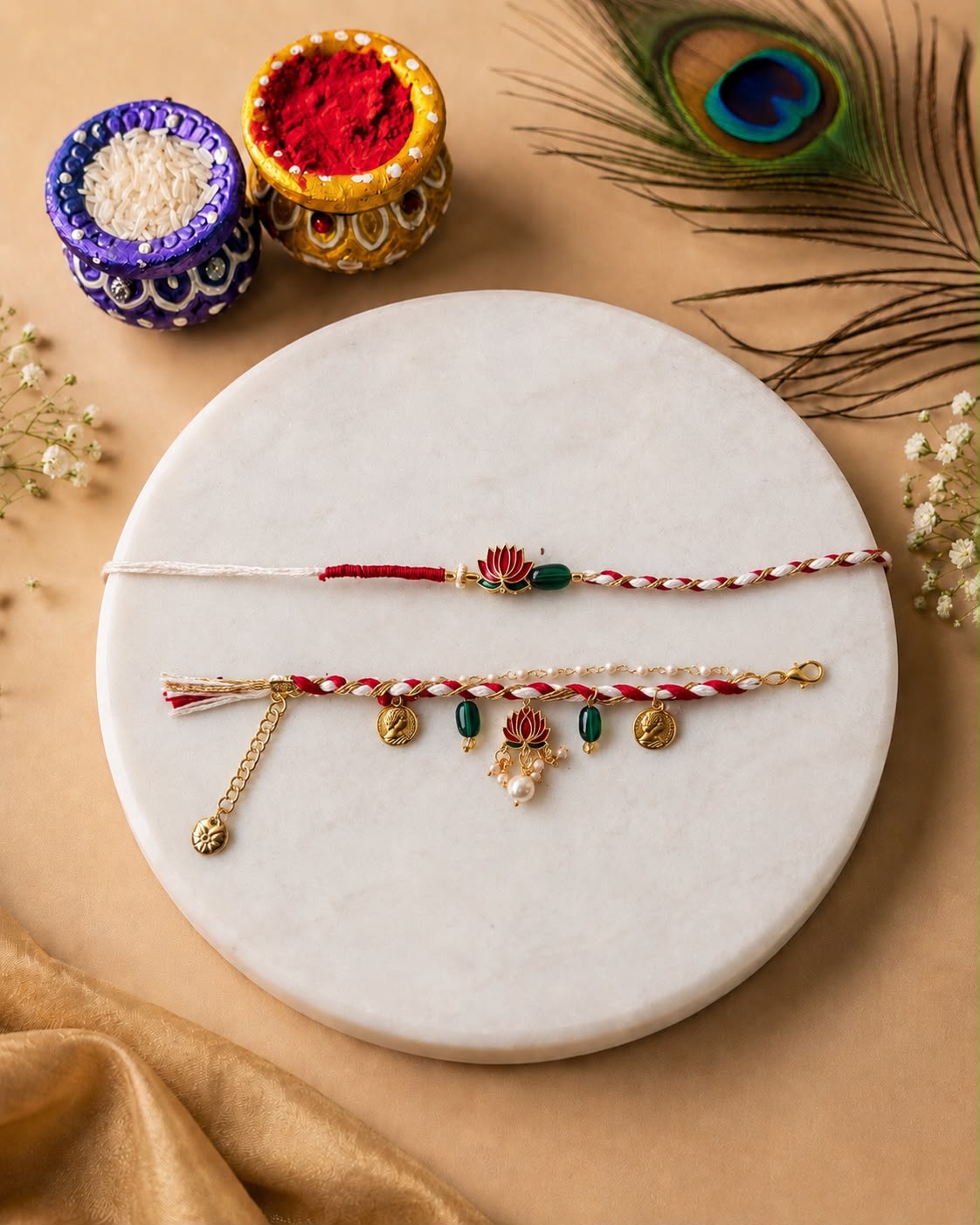 Red & White lotus couple rakhi combo