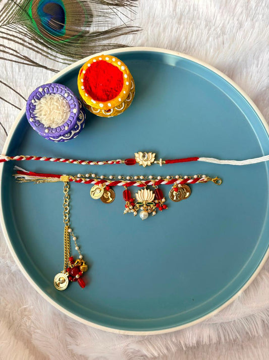 Red & white lotus charms couple rakhi