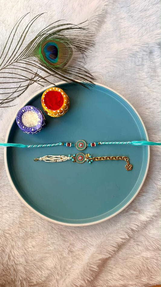 Beaded turquoise couple rakhi