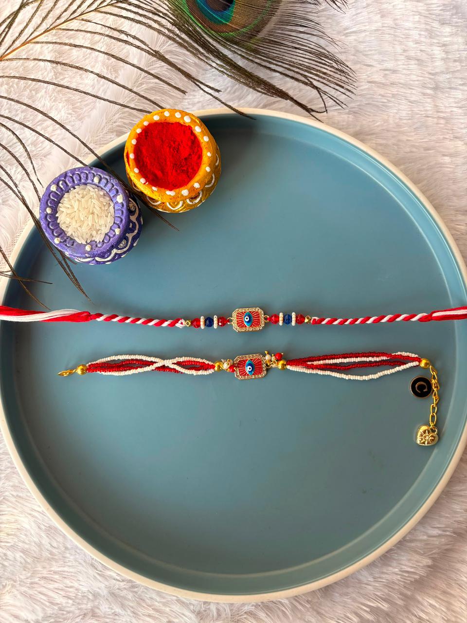 Blue & Red evil eye couple rakhi set
