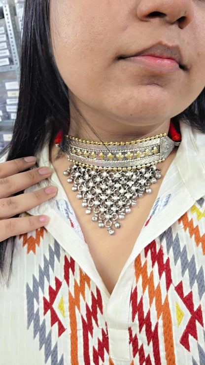 Dulari two tone Silver look jhalar hasli