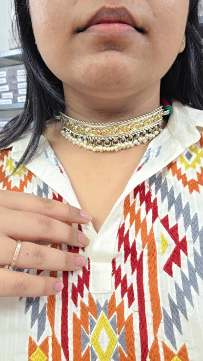 Kaushik two tone Silver lookalike pearl hasli choker