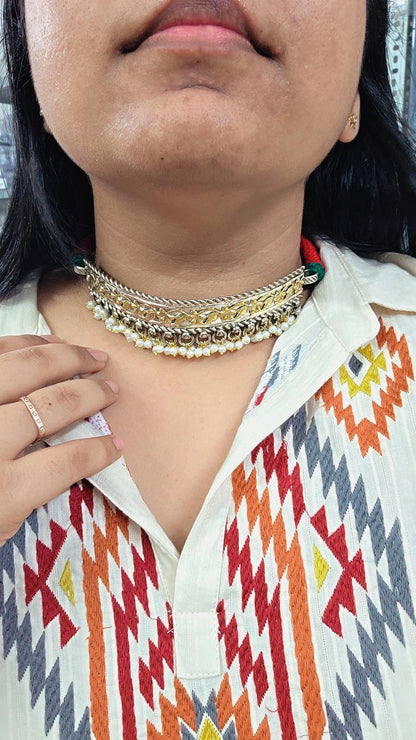Kaushik two tone Silver lookalike pearl hasli choker