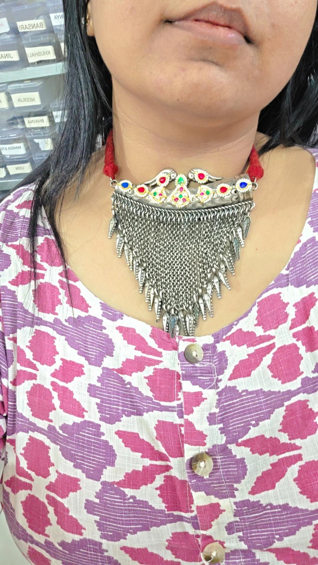Urja pachi kundan antique fusion thread necklace