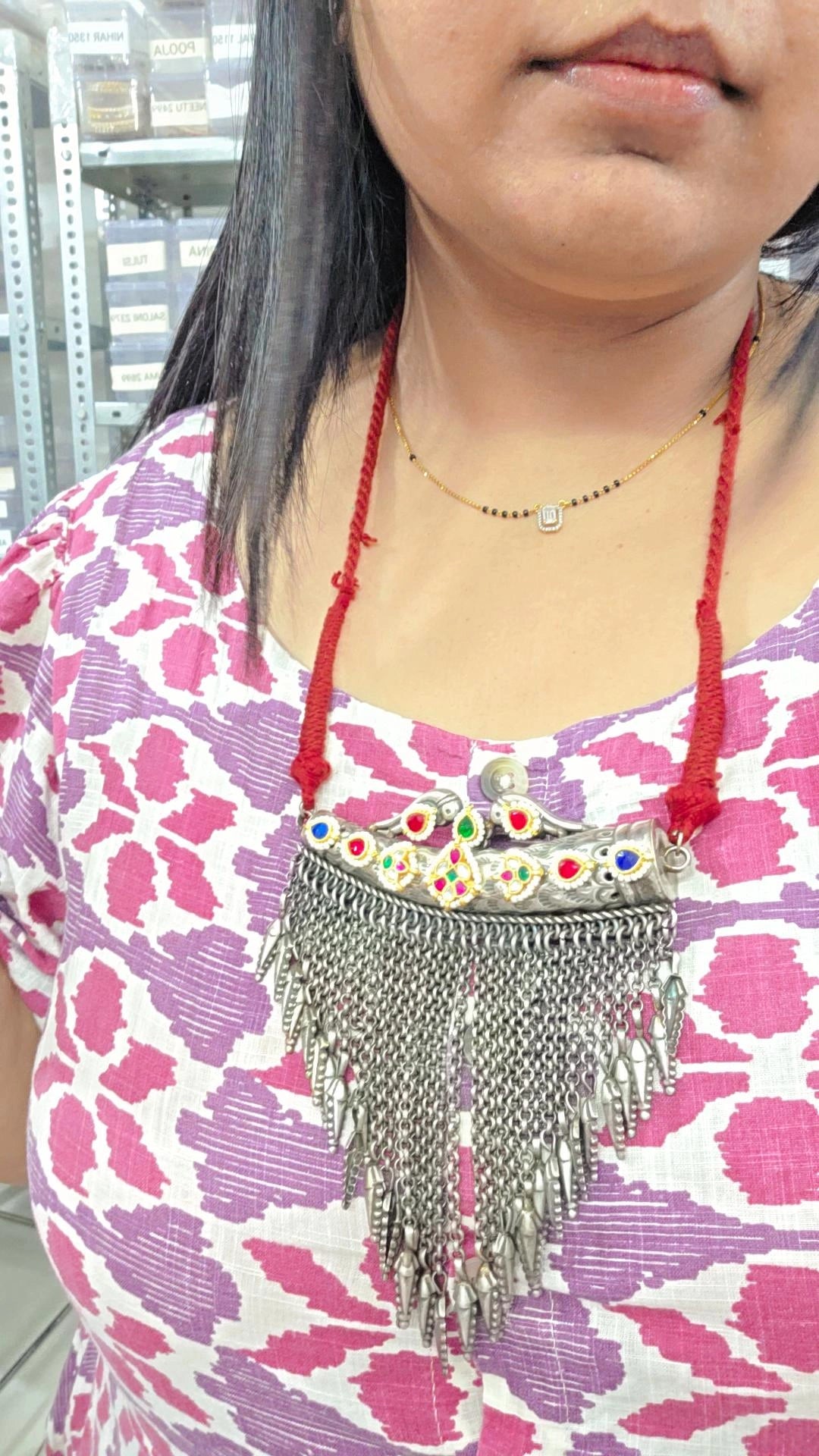 Urja pachi kundan antique fusion thread necklace