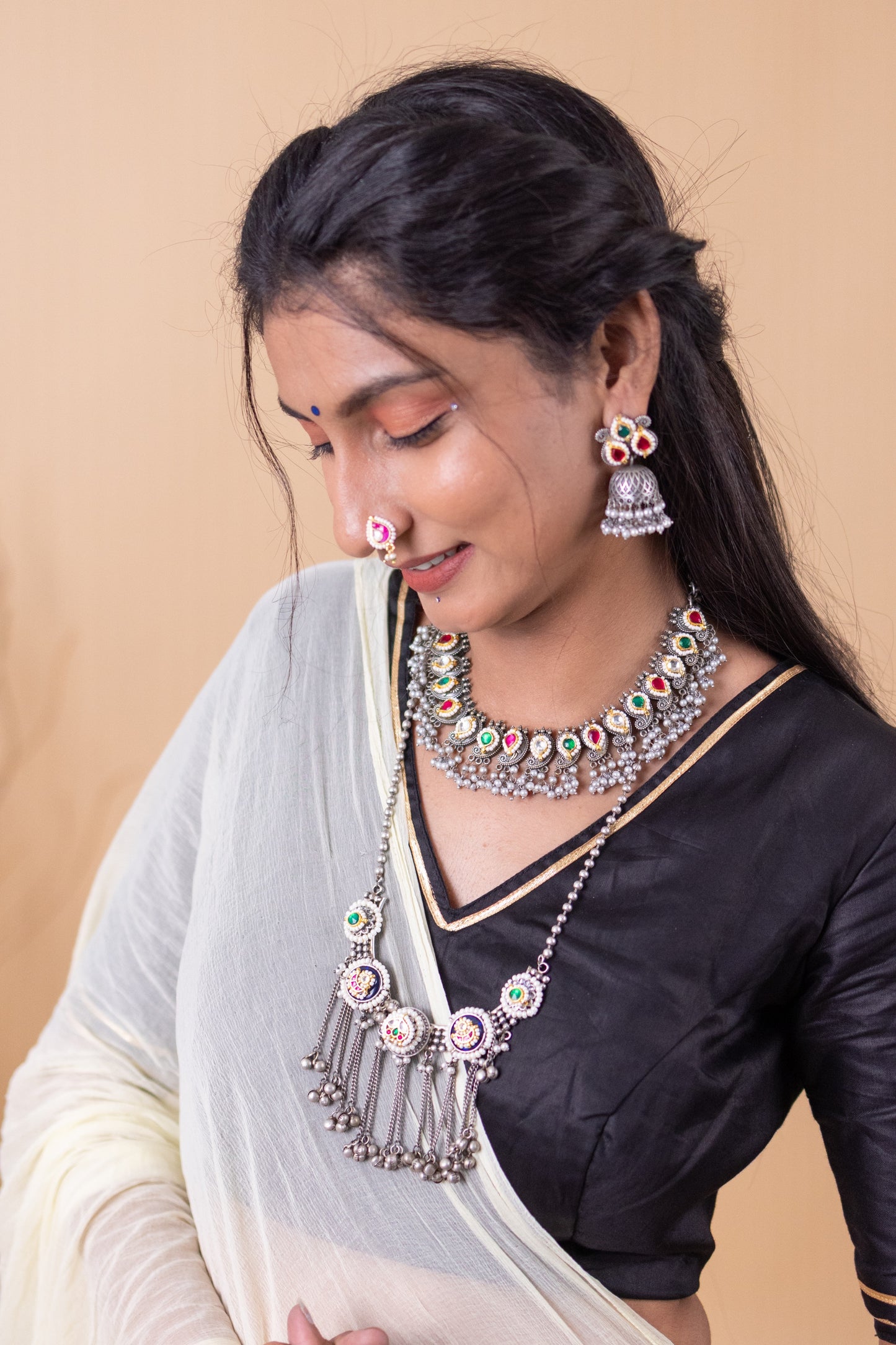 Silver pachi kundan necklace & earrings
