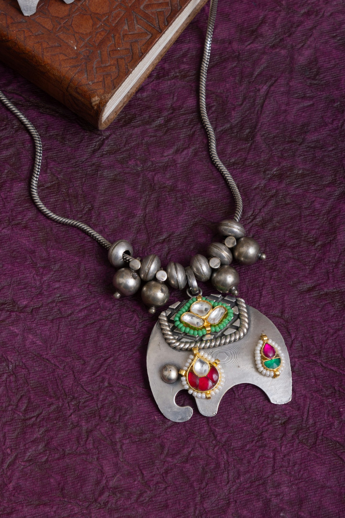 Katha antique fusion pachi kundan elephant necklace with earrings