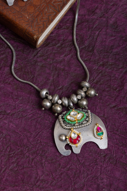 Katha antique fusion pachi kundan elephant necklace with earrings