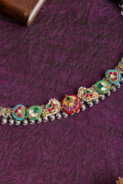 Manek fusion pachi kundan two tone navratna multicolor choker