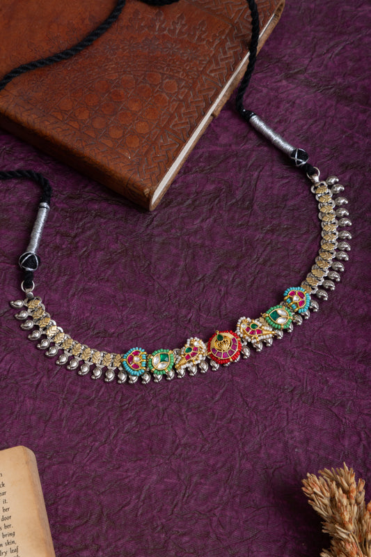 Manek fusion pachi kundan two tone navratna multicolor choker