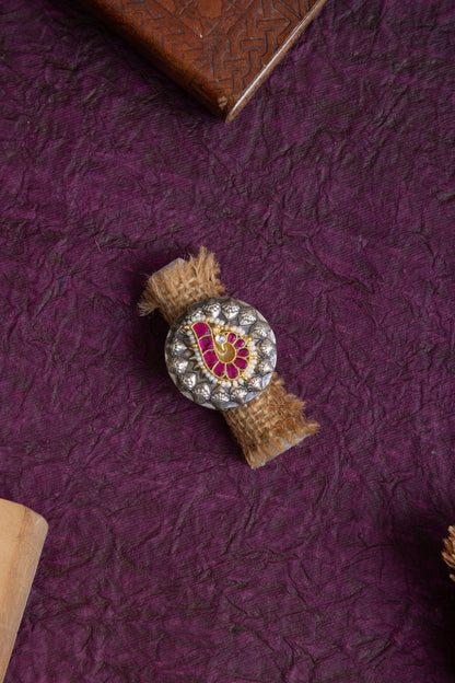 Pavi antique silver fusion pachi kundan ring