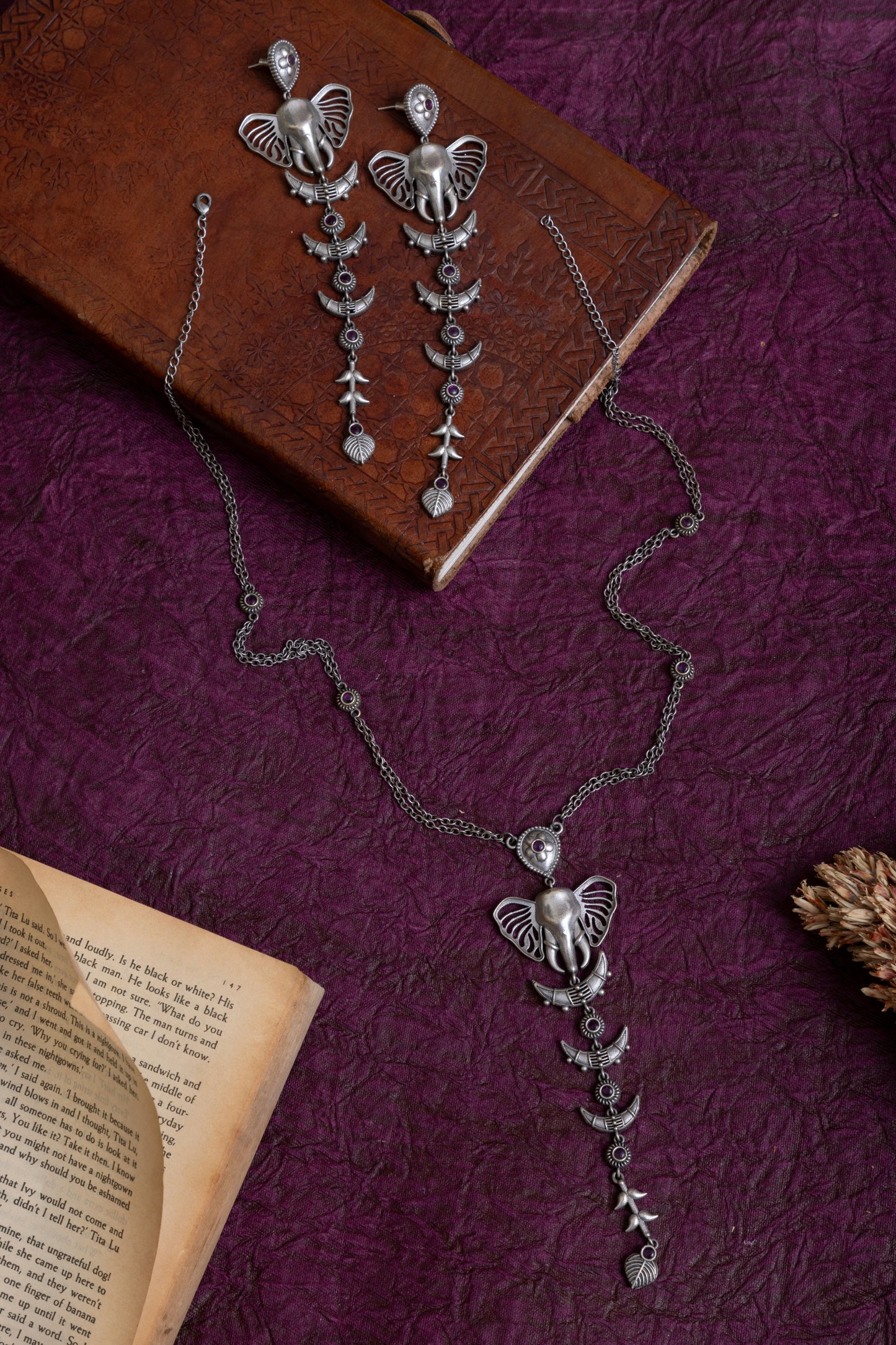 Nilam antique polish elephant necklace with earrings