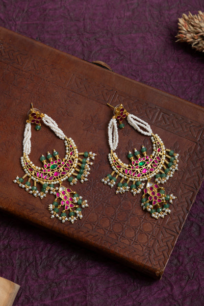 Ratna gold plated jadau kundan pearl chandbali earrings