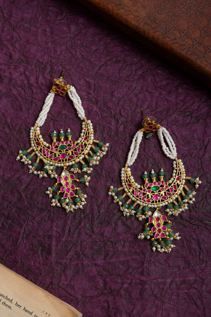 Ratna gold plated jadau kundan pearl chandbali earrings