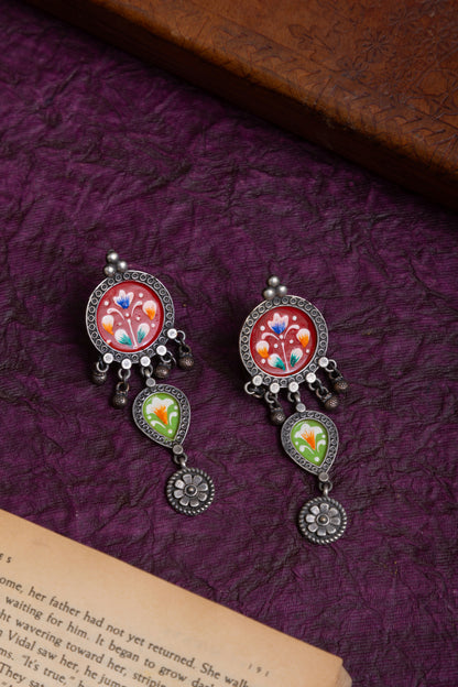 Pichwai art hanging silver earrings