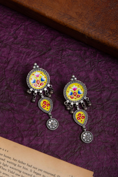 Pichwai art hanging silver earrings