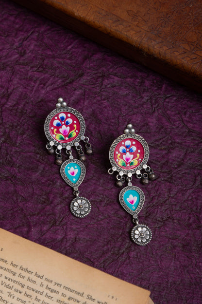 Pichwai art hanging silver earrings