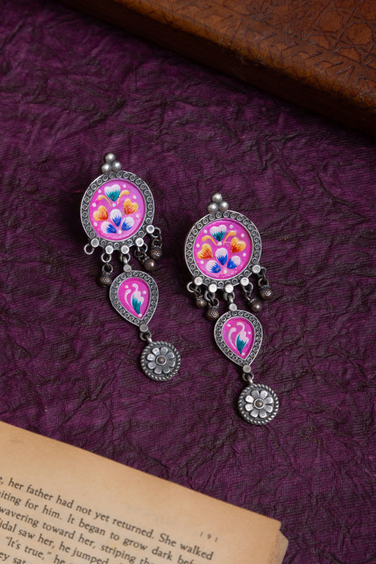 Pichwai art hanging silver earrings