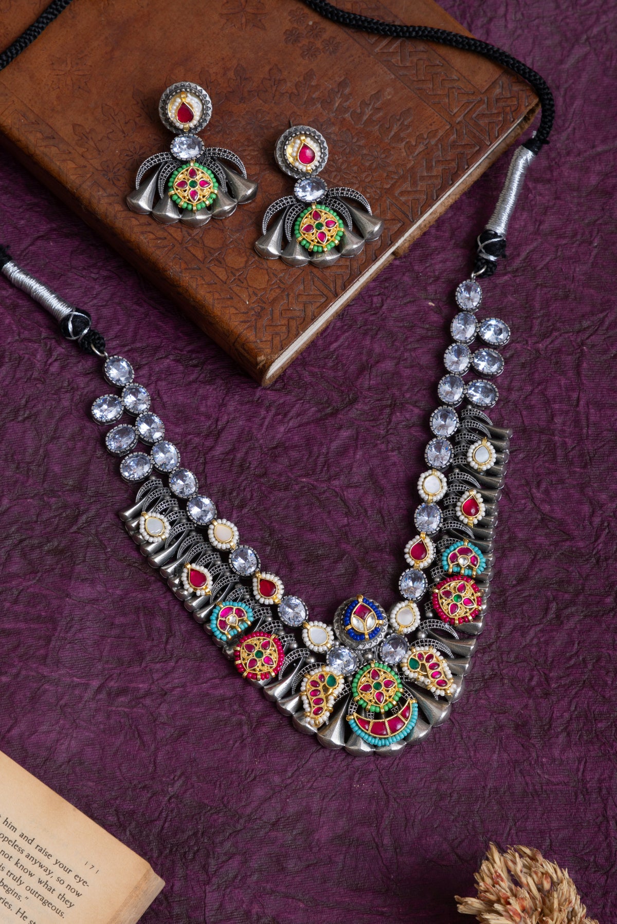 Sahiba silver fusion pachi kundan necklace