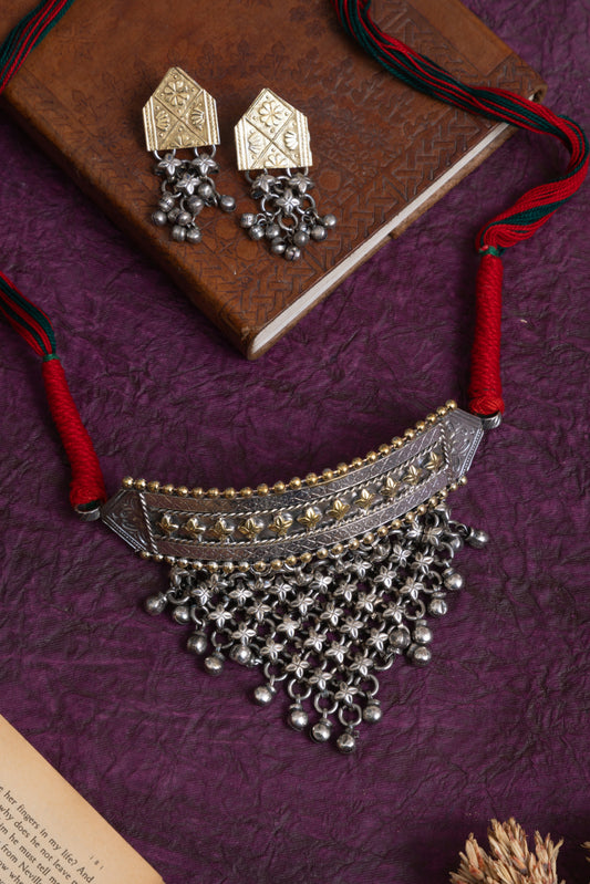 Dulari two tone Silver look jhalar hasli