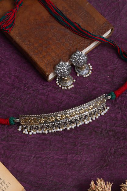 Kaushik two tone Silver lookalike pearl hasli choker