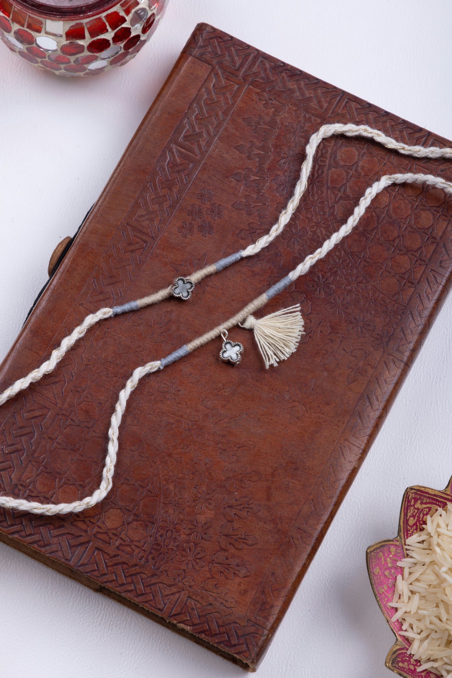 Grey & White tassel couple rakhi combo