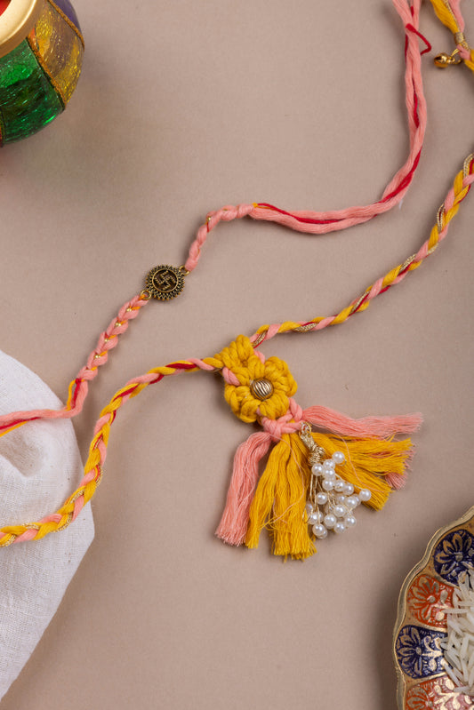 Yellow & peach couple macrame rakhi combo