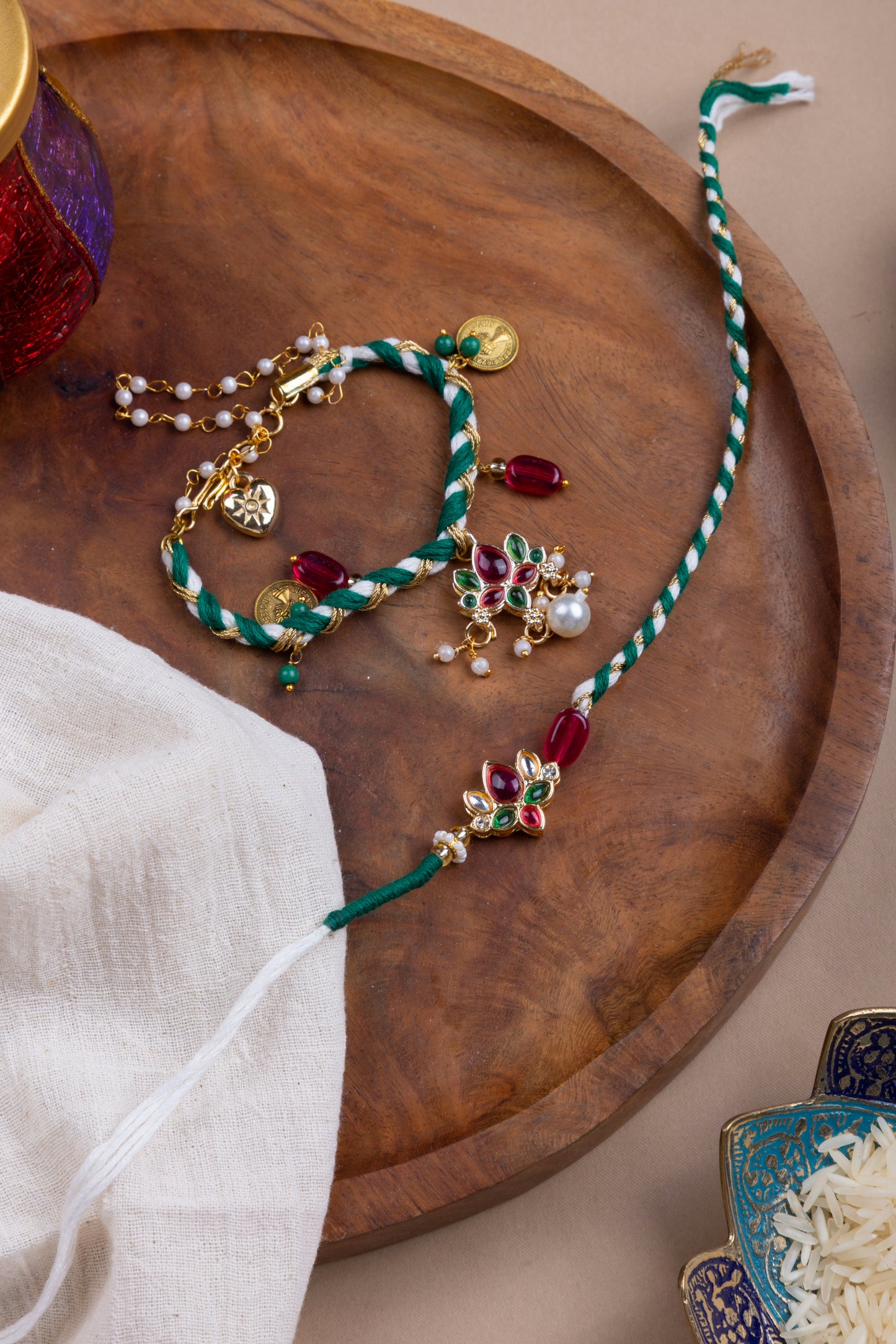 Green Ruby lotus couple rakhi combo