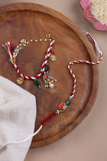 Red & White lotus couple rakhi combo