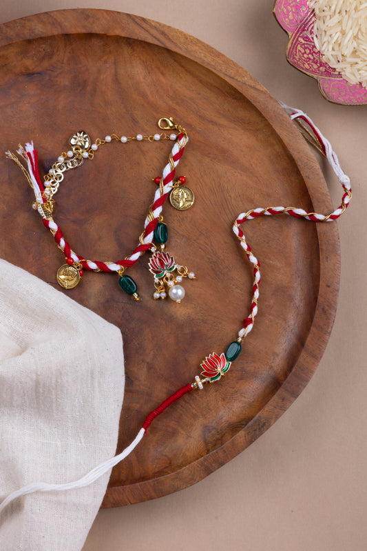 Red & White lotus couple rakhi combo