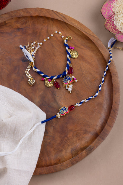 Blue Lotus charm couple rakhi combo