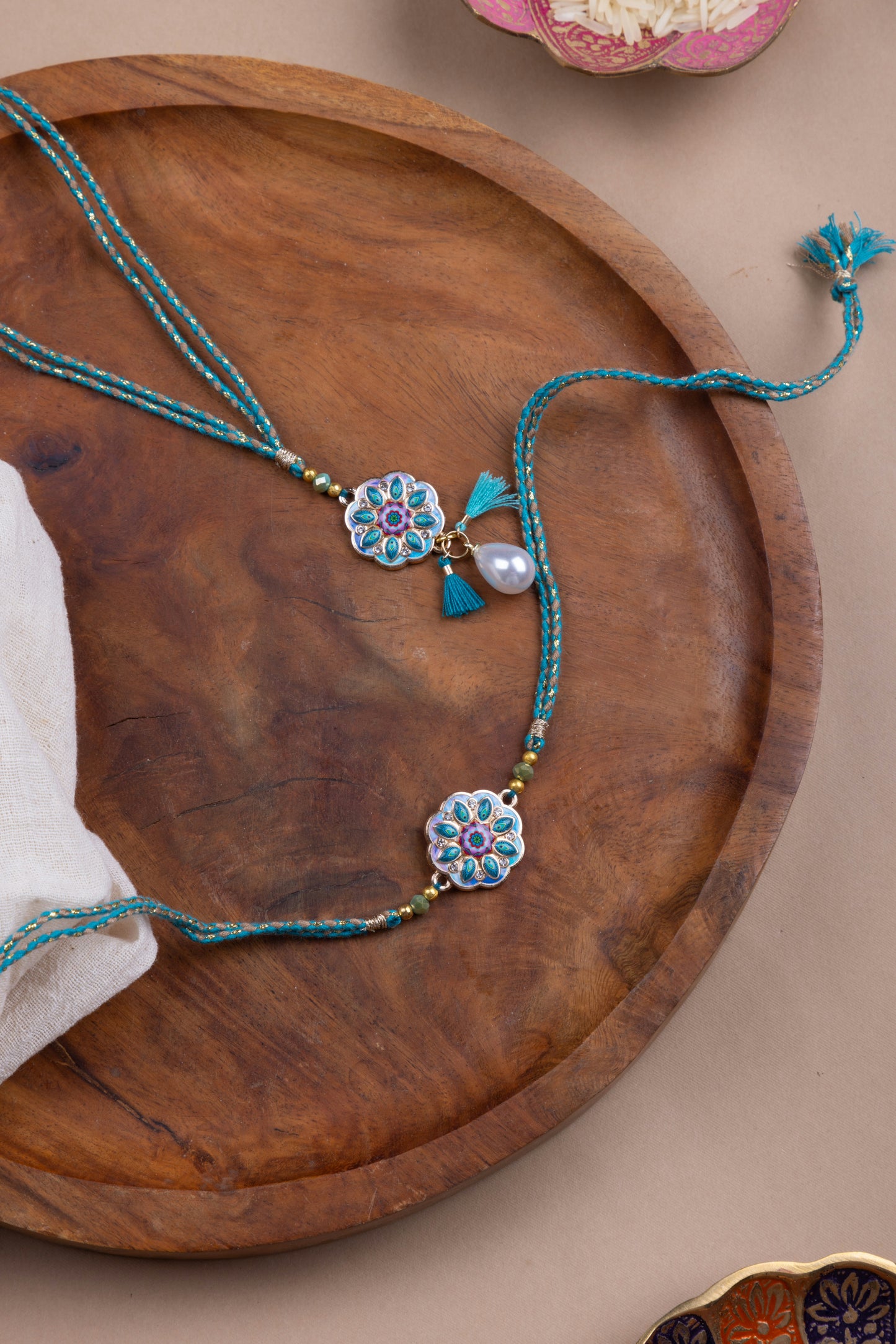Turquoise couple rakhi combo
