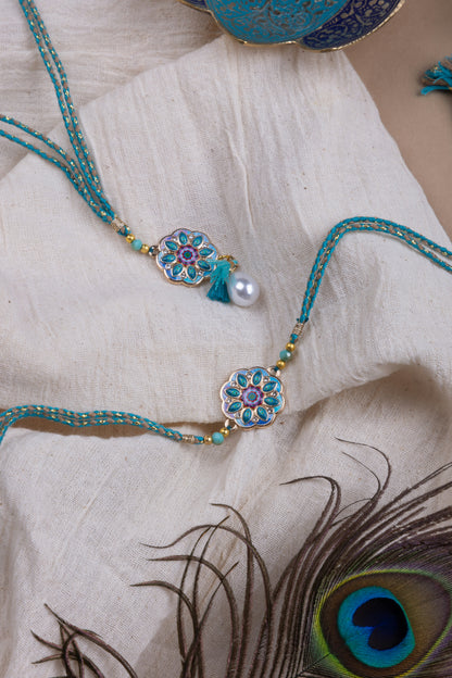 Turquoise couple rakhi combo