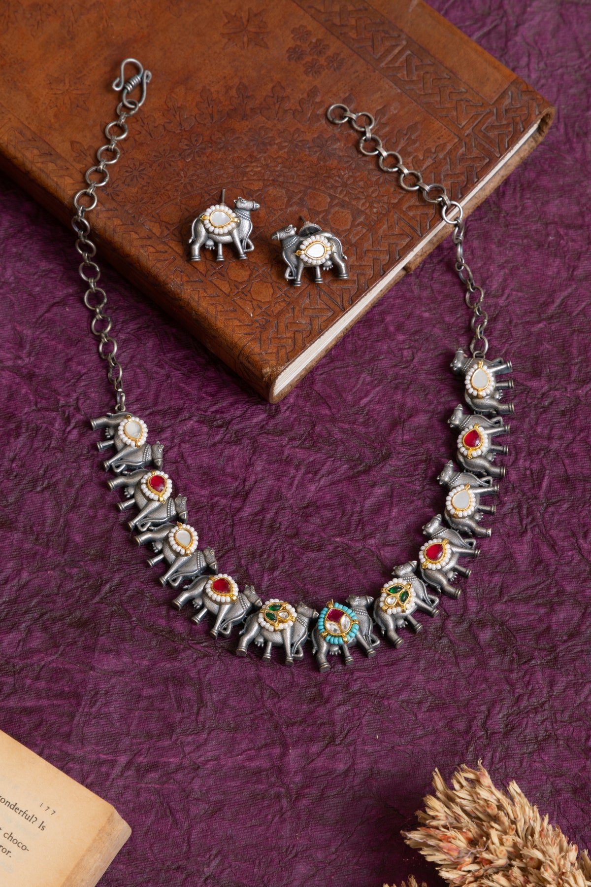 Thakur antique silver nandi motif fusion kundan choker