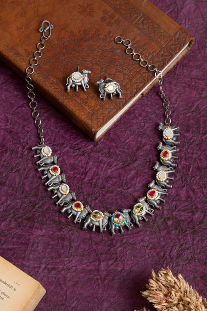 Thakur antique silver nandi motif fusion kundan choker