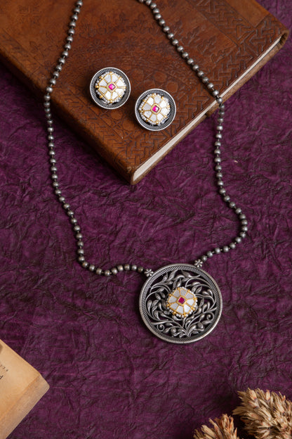 Nandan silver handcrafted pachi kundan necklace