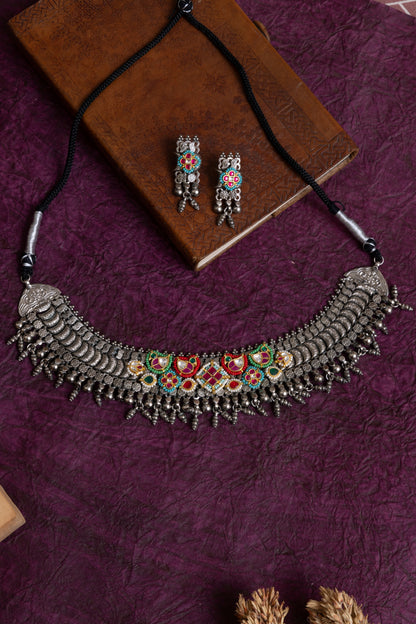 Abigna antique silver pachi kundan multi choker