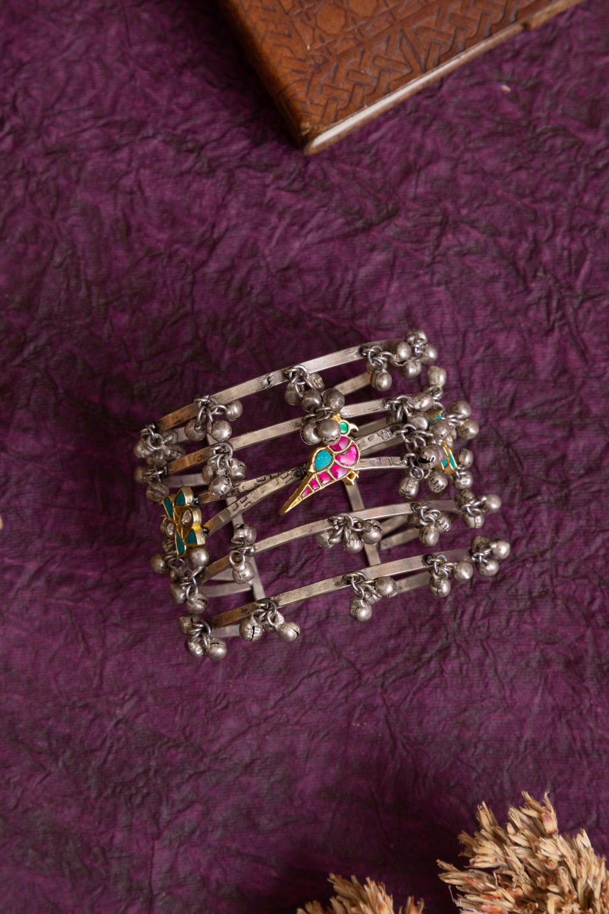 Palak handcrafted fusion silver kundan handcuff
