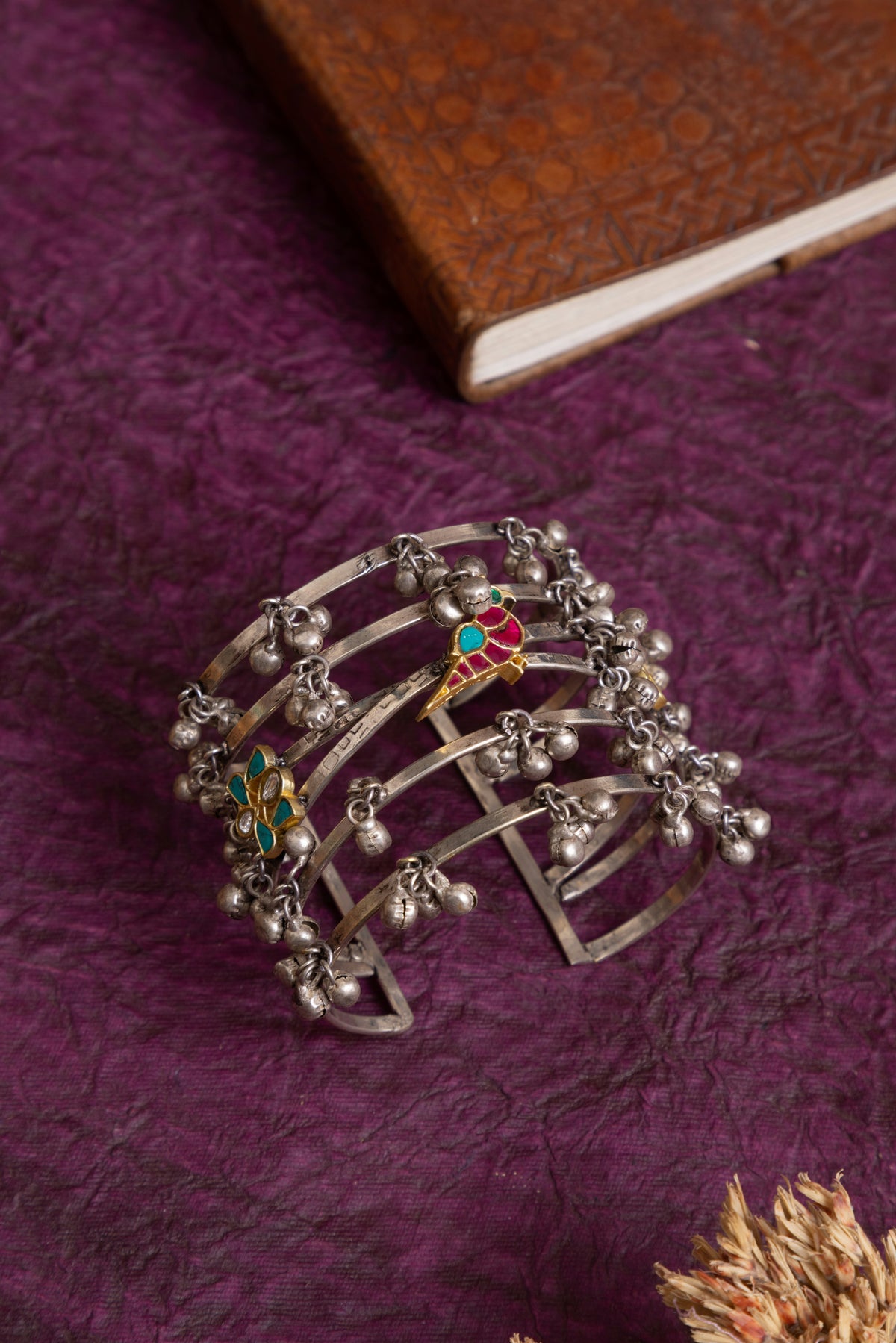 Palak handcrafted fusion silver kundan handcuff