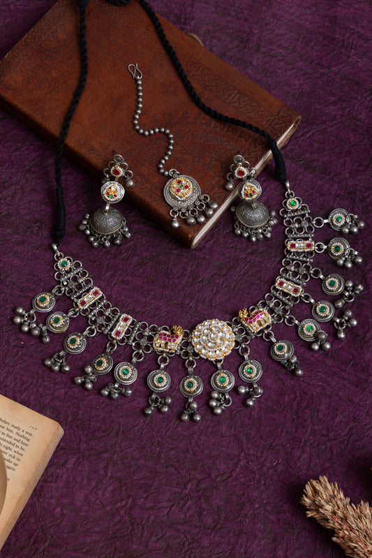 Panchali antique silver pachi kundan choker