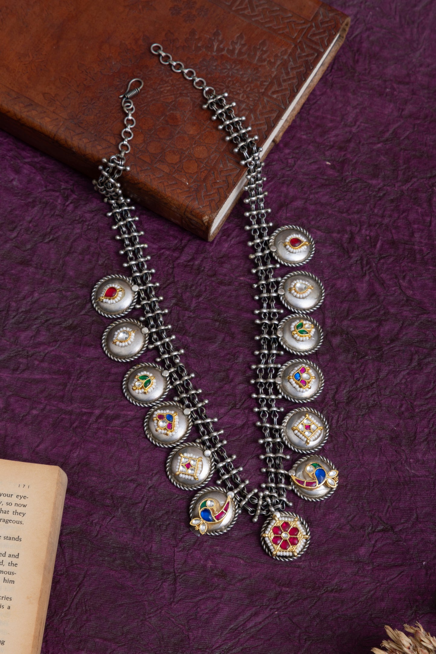 Deshna antique silver lookalike pachi kundan necklace
