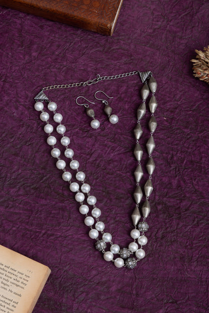 Dholki pearp Silver Lookalike antique polish necklace