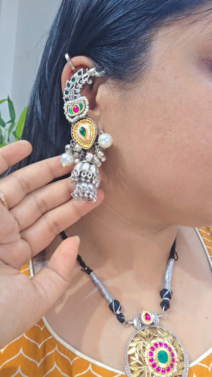 Hipal silver jhumki two tone fusion earcuff