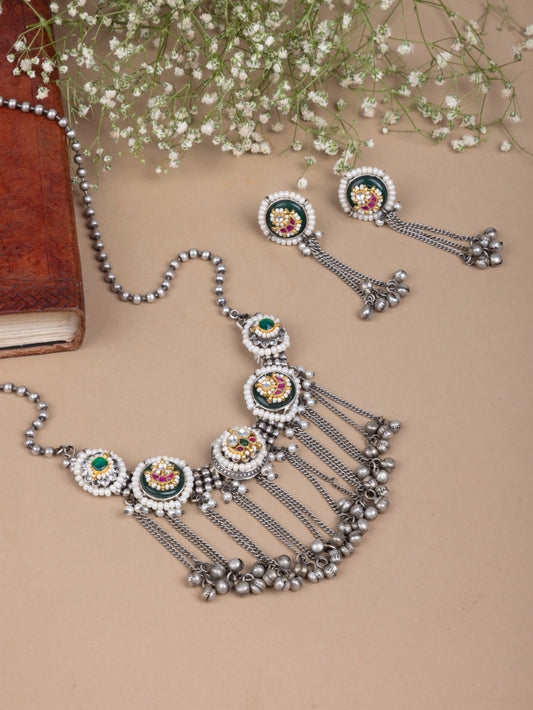Silver pachi kundan necklace & earrings