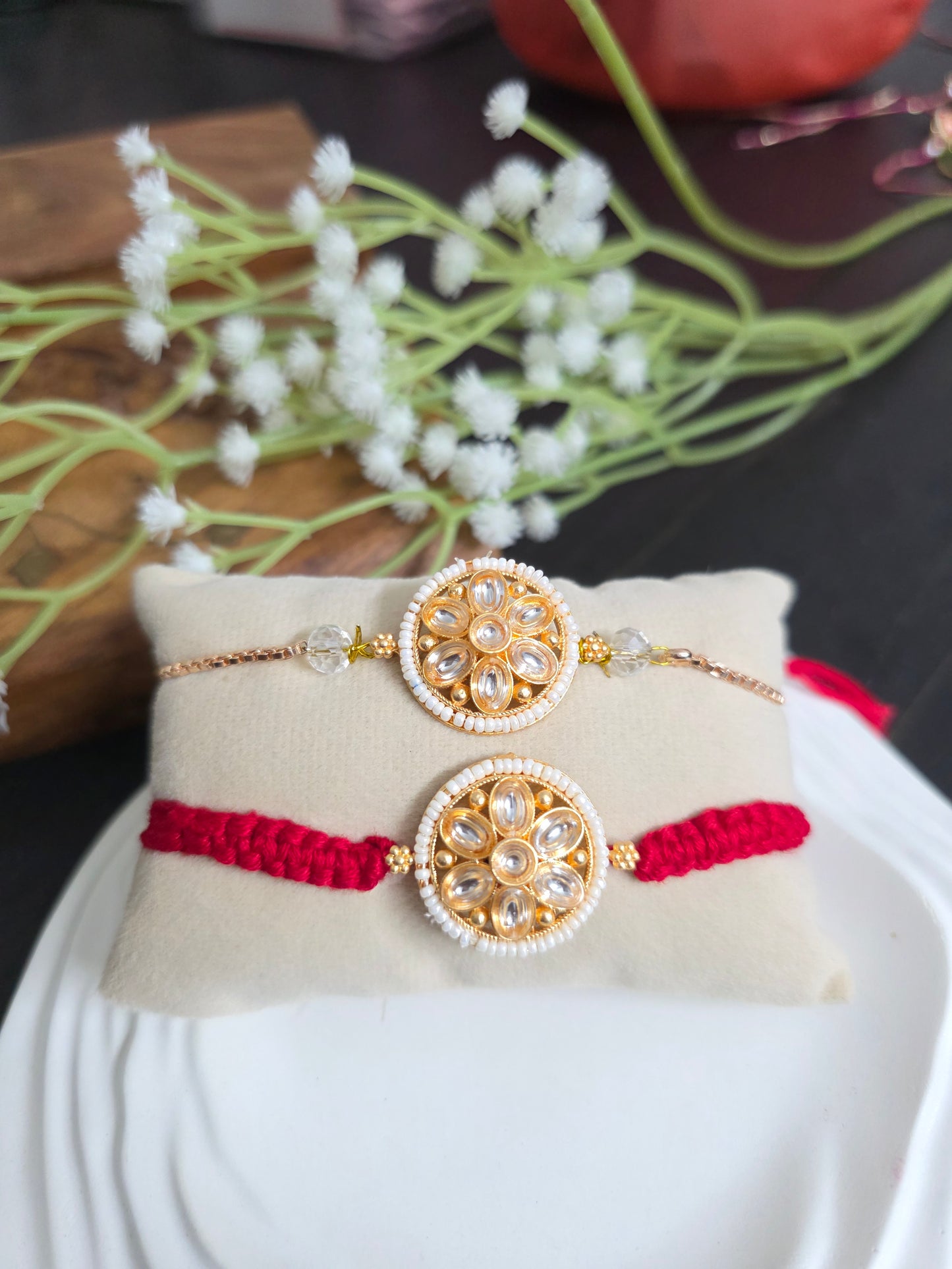 Red white kundan bracelet couple rakhi