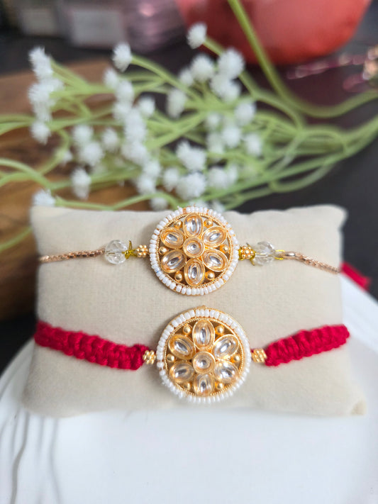 Red white kundan bracelet couple rakhi