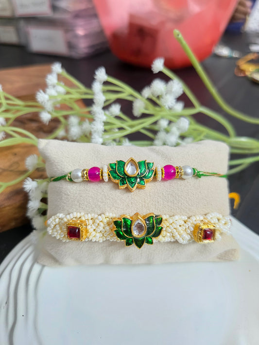 Green lotus kundan couple rakhi