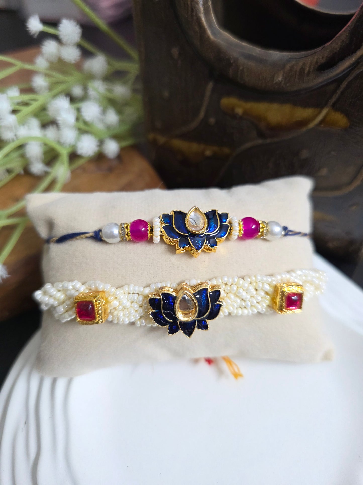 Blue lotus kundan couple rakhi